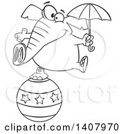 Poster, Art Print Of Cartoon Black And White Lineart Circus Elephant Holding An Umbrella And Balancing On A Ball