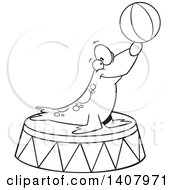 Poster, Art Print Of Cartoon Black And White Lineart Circus Seal Balancing A Ball On His Nose