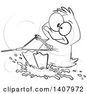 Cartoon Black And White Lineart Duck Water Skiing