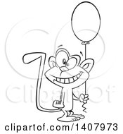 Poster, Art Print Of Cartoon Black And White Lineart Happy Birthday Monkey Holding A Party Balloon