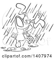 Poster, Art Print Of Cartoon Black And White Lineart Happy Dog Dancing In The Rain