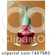 Poster, Art Print Of 3d Bottle And Glasses Of Red Wine Toasting Over A Brown Paper Bunting Background