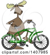 Poster, Art Print Of Cartoon Moose Pushing A Green Bicycle