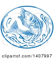 Poster, Art Print Of Retro Sketched Striped Bass Rockfish Jumping In A Blue And White Oval