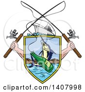 Poster, Art Print Of Sketched Crossed Arms Holding Fishing Rods Over A Shield With A Marlin Fish And Beer Bottle Over Water