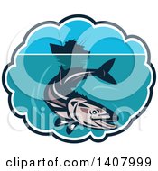 Poster, Art Print Of Retro Cobia Fish Swimming Below A Silhouetted Fishing Boat In A Bubble Frame