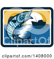 Clipart Of A Retro Wahoo Scombrid Fish Jumping Near A Silhouetted Fishing Boat At Sunset Royalty Free Vector Illustration