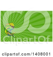 Colorful Sketched Mosaic Jumping Dolphin Fish And Green Rays Background Or Business Card Design