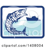 Poster, Art Print Of Retro Wahoo Scombrid Fish Jumping Near A Silhouetted Fishing Boat In A Blue And White Rectangle