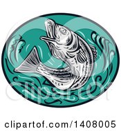 Retro Sketched Striped Bass Rockfish Jumping In A Black And Turquoise Oval
