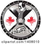 Clipart Of A Retro Millwright Caliper Welder And Maple Leaves In A Circle Royalty Free Vector Illustration