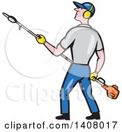 Clipart Of A Retro Cartoon White Male Gardener Holding A Hedge Trimmer Royalty Free Vector Illustration by patrimonio