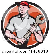 Clipart Of A Retro Cartoon White Handy Man Or Mechanic Standing And Holding A Spanner Wrench In A Black White And Orange Circle Royalty Free Vector Illustration