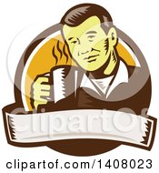 Poster, Art Print Of Retro Woodcut Asian Man Holding A Hot Cup Of Coffee Emerging From A Brown White And Orange Circle With A Banner