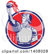 Poster, Art Print Of Retro Spanish Conquistador Holding Up A Torch Emerging From A Blue White And Red Circle