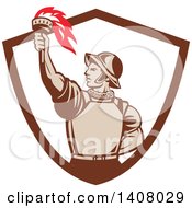 Retro Spanish Conquistador Holding Up A Torch Emerging From A Brown And White Shield