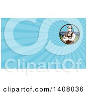 Clipart Of A Retro Male Carpenter With Folded Arms Holding A Hammer And Blue Rays Background Or Business Card Design Royalty Free Illustration