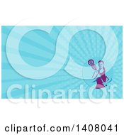 Poster, Art Print Of Retro Female Lacrosse Player Holding A Stick And Blue Rays Background Or Business Card Design