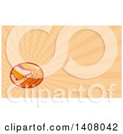 Clipart Of A Retro Hands Of A Furniture Upholsterer Using A Hammer And Orange Rays Background Or Business Card Design Royalty Free Illustration