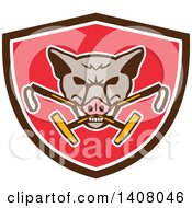 Poster, Art Print Of Retro Wild Hog Boar Head Biting Crossed Polo Mallets In A Brown White And Red Shield