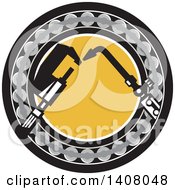 Clipart Of A Retro Welding Torch And Caliper Set Inside Ball Bearing Circle Royalty Free Vector Illustration