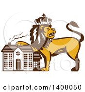 Poster, Art Print Of Retro Crowned King Lion Resting A Paw On A House