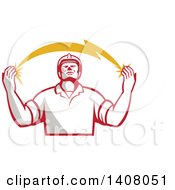 Poster, Art Print Of Retro Male Electrician Looking Up And Holding A Spanning Lightning Bolt