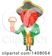 Poster, Art Print Of Watercolour Caricature Styled Victorian Gentleman With A Strawberry Head Wearing A Tricorn Hat And Holding An Ice Cream Cone