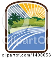 Poster, Art Print Of Retro Tropical Landscape With Palm Trees Mountains And The Coast At Sunset Or Sunrise