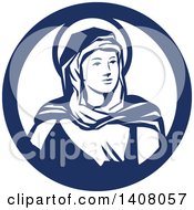Poster, Art Print Of Retro Portrait Of The Blessed Virgin Mary Looking To The Right Inside A Blue And White Circle