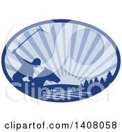 Clipart Of A Silhouetted Polo Player On Horseback Swinging A Mallet Against A Sunset In A Blue Oval Royalty Free Vector Illustration