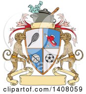 Poster, Art Print Of Sketched Sports Shield Crest With Monkeys And Crock Pot Of Money