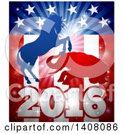 Clipart Of A Silhouetted Political Aggressive Democratic Donkey Or Horse And Republican Elephant Battling Over An American Flag And Burst Royalty Free Vector Illustration