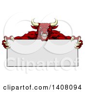 Poster, Art Print Of Vicious Mad Brown Bull Mascot With Claws Holding A Blank Sign