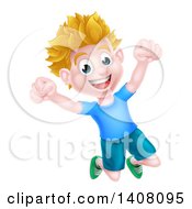 Poster, Art Print Of Cartoon Happy Excited Blond Caucasian Boy Jumping
