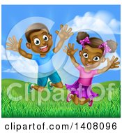 Poster, Art Print Of Happy And Excited Black Boy And Girl Jumping Outdoors