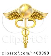 3d Gold Globe And Medical Caduceus With Snakes On A Winged Rod