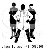 Poster, Art Print Of Faceless Silhouetted Male Doctor Wearing A Lab Coat Standing With Hands On His Hips With His Team Behind Him