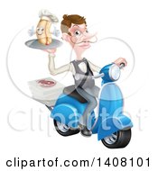 White Male Waiter With A Curling Mustache Holding A Hot Dog On A Scooter With Pizza Boxes