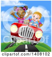Clipart Of A Happy Blond White Girl Driving A Red Convertible Car With A Black Girl In The Passenger Seat On A Hilly Road Royalty Free Vector Illustration