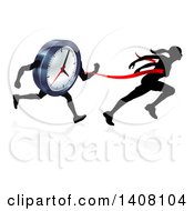 Clipart Of A Silhouetted Woman Sprinting Through A Finish Line Before A Clock Character Royalty Free Vector Illustration