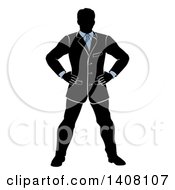 Poster, Art Print Of Black White And Blue Silhouetted Business Man Standing With His Hands On His Hips