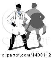 Poster, Art Print Of Silhouetted Male Doctor Standing With His Hands On His Hips A Super Hero Shadow Behind Him