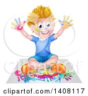 Poster, Art Print Of Cartoon Happy White Boy Sitting And Hand Painting Artwork