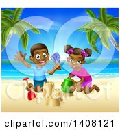 Poster, Art Print Of Happy Black Boy And Girl Playing And Building A Sand Castle On A Tropical Beach