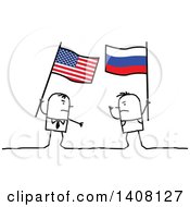 Clipart Of Stick Men Holding American And Russian Flags And Fighting Royalty Free Vector Illustration