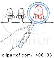 Clipart Of A Hand Holding A Magnifying Glass Over A Stick Business Man In A Group Royalty Free Vector Illustration