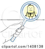 Clipart Of A Hand Holding A Magnifying Glass Over A Stick Business Man Royalty Free Vector Illustration