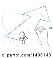Clipart Of A Hand Drawing A Stick Business Man And Arrow Royalty Free Vector Illustration