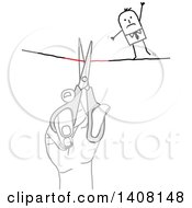 Clipart Of A Hand Using Scissors To Cut A Tight Rope That A Stick Business Man Is Crossing Royalty Free Vector Illustration by NL shop
